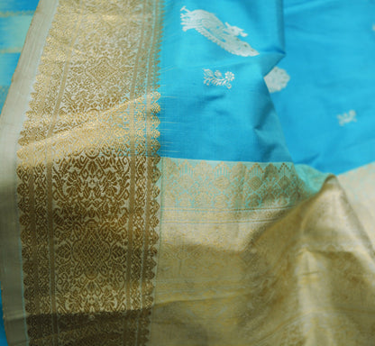 Indian Vintage Sari Heavy Blue Pure Silk Woven Brocade Saree 5Yard Golden Zari Floral