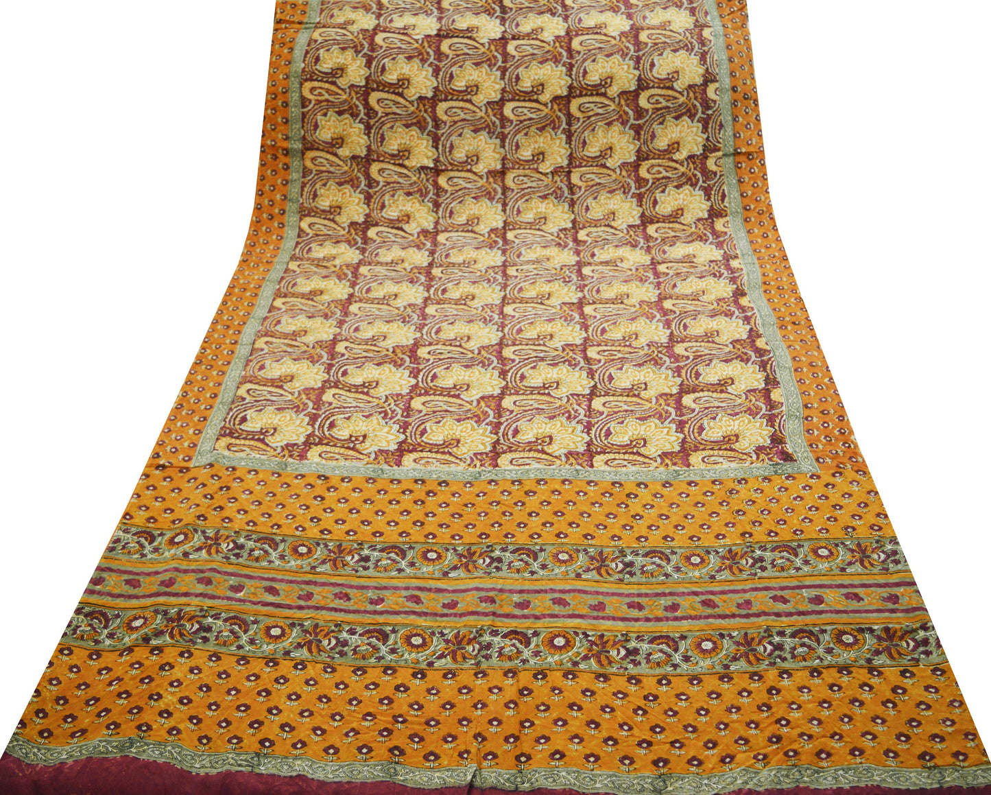 Indian Vintage Sari Pure Crepe Silk Block Printed Saree 5yard Sewing Quilting Floral Soft Craft Fabric Wrap