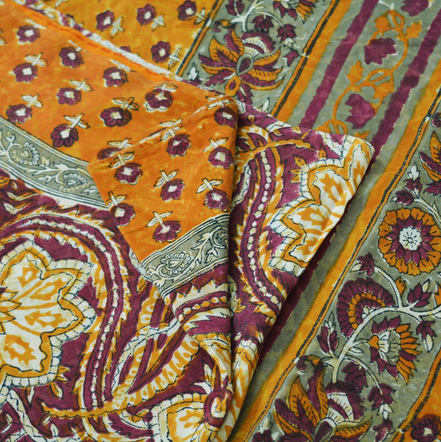 Indian Vintage Sari Pure Crepe Silk Block Printed Saree 5yard Sewing Quilting Floral Soft Craft Fabric Wrap