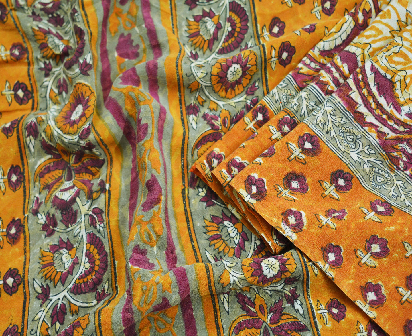 Indian Vintage Sari Pure Crepe Silk Block Printed Saree 5yard Sewing Quilting Floral Soft Craft Fabric Wrap