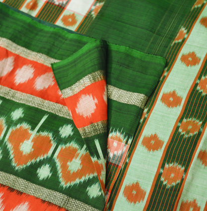 Indian Vintage Green Saree Pure Silk Patan Patola Hand Woven Ikat Indian Sari Fabric 5Yard Craft Ethnic Zari Border