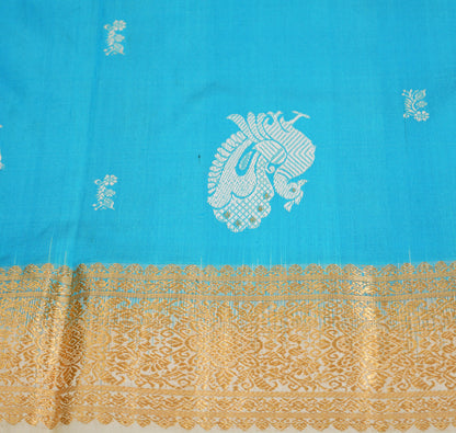 Indian Vintage Sari Heavy Blue Pure Silk Woven Brocade Saree 5Yard Golden Zari Floral