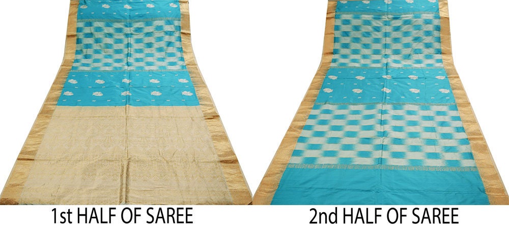 Indian Vintage Sari Heavy Blue Pure Silk Woven Brocade Saree 5Yard Golden Zari Floral