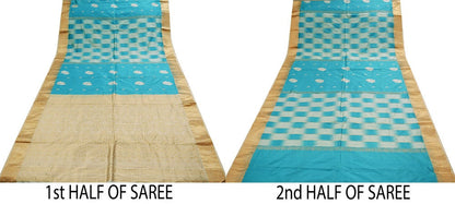 Indian Vintage Sari Heavy Blue Pure Silk Woven Brocade Saree 5Yard Golden Zari Floral