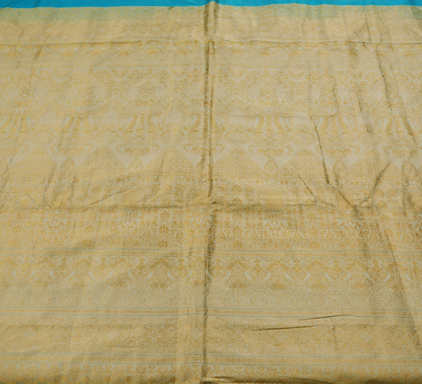 Indian Vintage Sari Heavy Blue Pure Silk Woven Brocade Saree 5Yard Golden Zari Floral