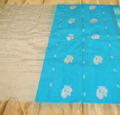 Indian Vintage Sari Heavy Blue Pure Silk Woven Brocade Saree 5Yard Golden Zari Floral