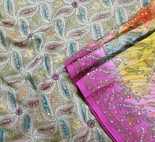 Indian Vintage Sari Pure Tussar Silk Hand Embroidered Sarees Fabric 5Yard Sewing Ethnic