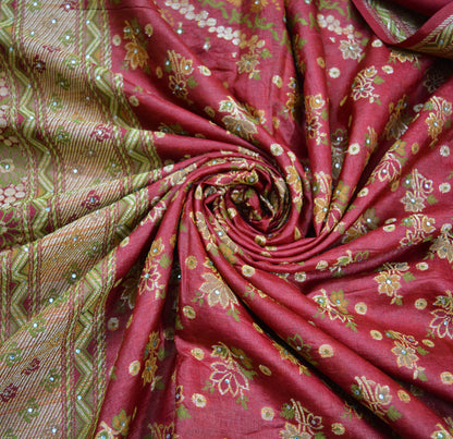 Indian Vintage Sari Red Pure Tussar Silk Hand Woven Sarees Fabric 5Yard Sewing Ethnic Floral
