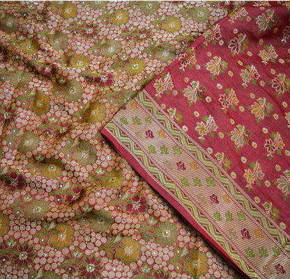Indian Vintage Sari Red Pure Tussar Silk Hand Woven Sarees Fabric 5Yard Sewing Ethnic Floral