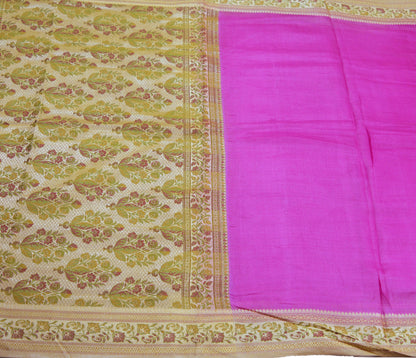 Indian Vintage Sari Magenta  Pure Tussar Silk Hand Woven Sarees Craft Fabric 5Yard Sewing Ethnic Floral