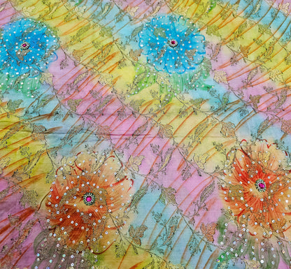 Indian Vintage Sari Pure Tussar Silk Hand Embroidered Sarees Fabric 5Yard Sewing Ethnic