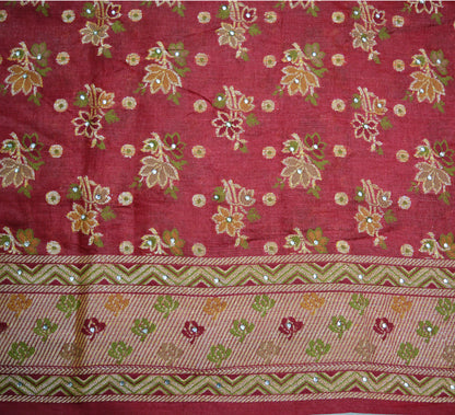 Indian Vintage Sari Red Pure Tussar Silk Hand Woven Sarees Fabric 5Yard Sewing Ethnic Floral