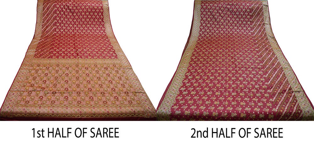 Indian Vintage Sari Red Pure Tussar Silk Hand Woven Sarees Fabric 5Yard Sewing Ethnic Floral