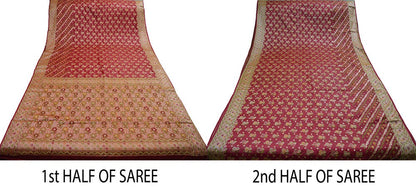 Indian Vintage Sari Red Pure Tussar Silk Hand Woven Sarees Fabric 5Yard Sewing Ethnic Floral