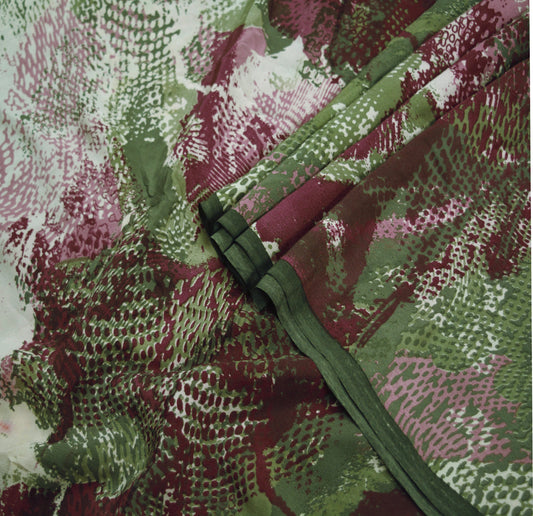 Indian Vintage  Sari Green & Maroon Pure Crepe Silk Printed Saree 5yd Sewing Floral Wrap