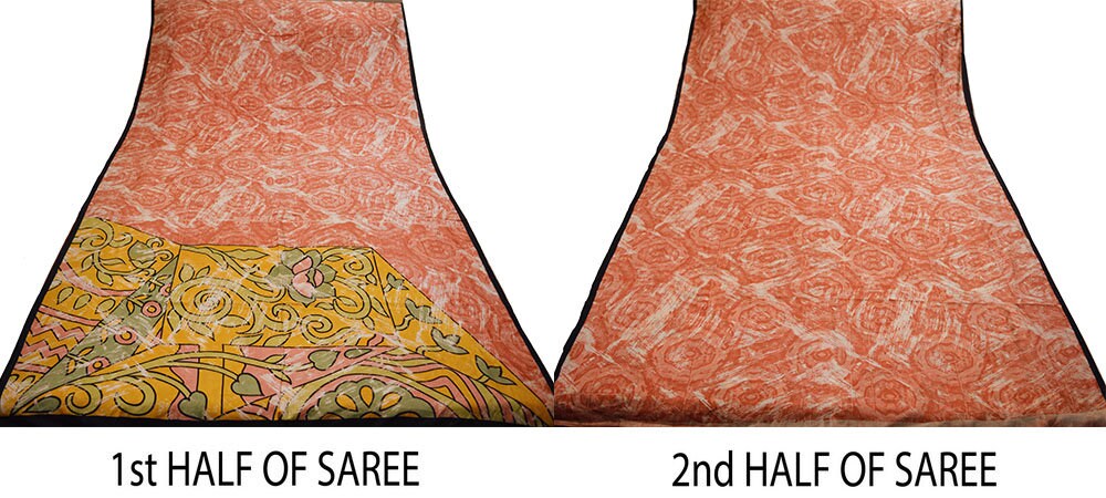 Indian Vintage Sari Peach Pure Silk Printed Saree Craft Fabric 5yd Sewing Floral DressMaking  Soft Floral