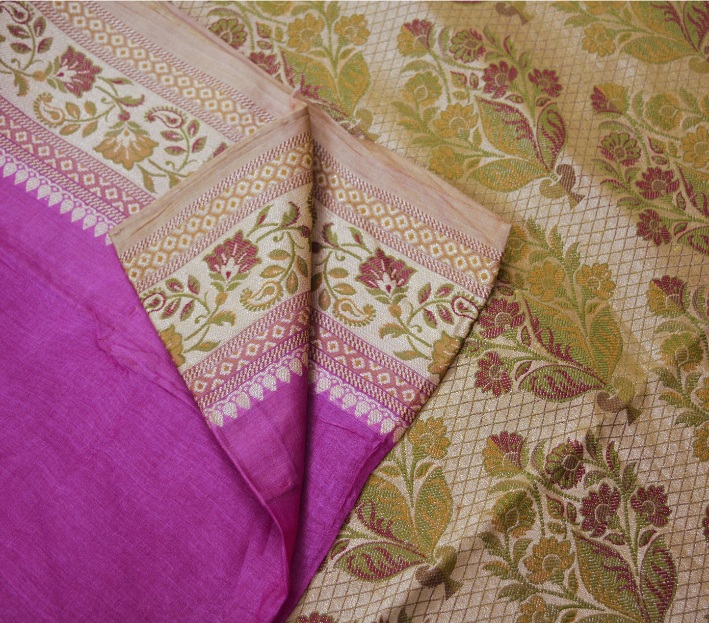 Indian Vintage Sari Magenta  Pure Tussar Silk Hand Woven Sarees Craft Fabric 5Yard Sewing Ethnic Floral