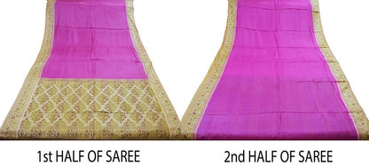 Indian Vintage Sari Magenta  Pure Tussar Silk Hand Woven Sarees Craft Fabric 5Yard Sewing Ethnic Floral