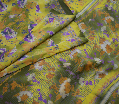 Indian Vintage Sari Green & Yellow Pure Crepe Silk Printed Saree 5yard Sewing Floral Soft Craft Fabric Wrap