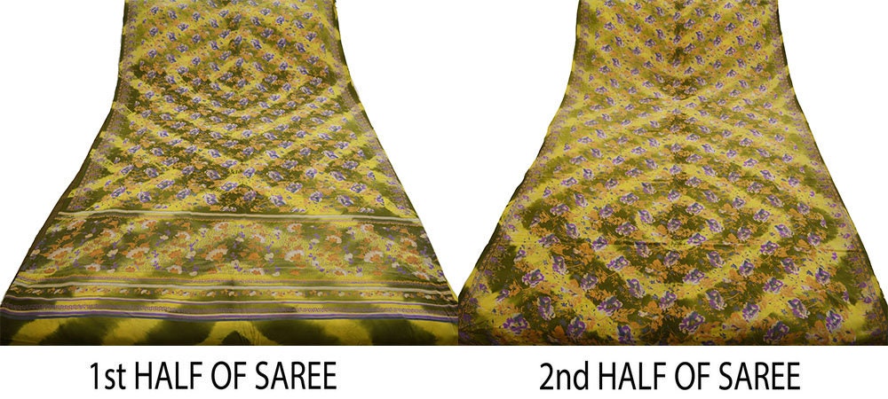 Indian Vintage Sari Green & Yellow Pure Crepe Silk Printed Saree 5yard Sewing Floral Soft Craft Fabric Wrap