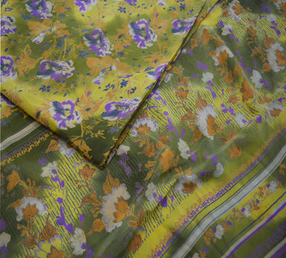 Indian Vintage Sari Green & Yellow Pure Crepe Silk Printed Saree 5yard Sewing Floral Soft Craft Fabric Wrap