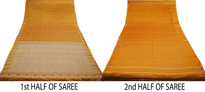 Indian Vintage Sari Saffron Artificial  Silk Hand Woven Saree Fabric 5yard Sewing Craft DressMaking  Soft Floral Ethnic