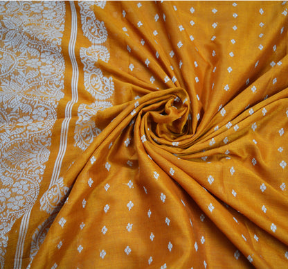 Indian Vintage Sari Saffron Artificial  Silk Hand Woven Saree Fabric 5yard Sewing Craft DressMaking  Soft Floral Ethnic