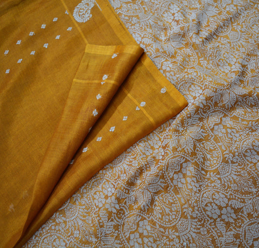 Indian Vintage Sari Saffron Artificial  Silk Hand Woven Saree Fabric 5yard Sewing Craft DressMaking  Soft Floral Ethnic