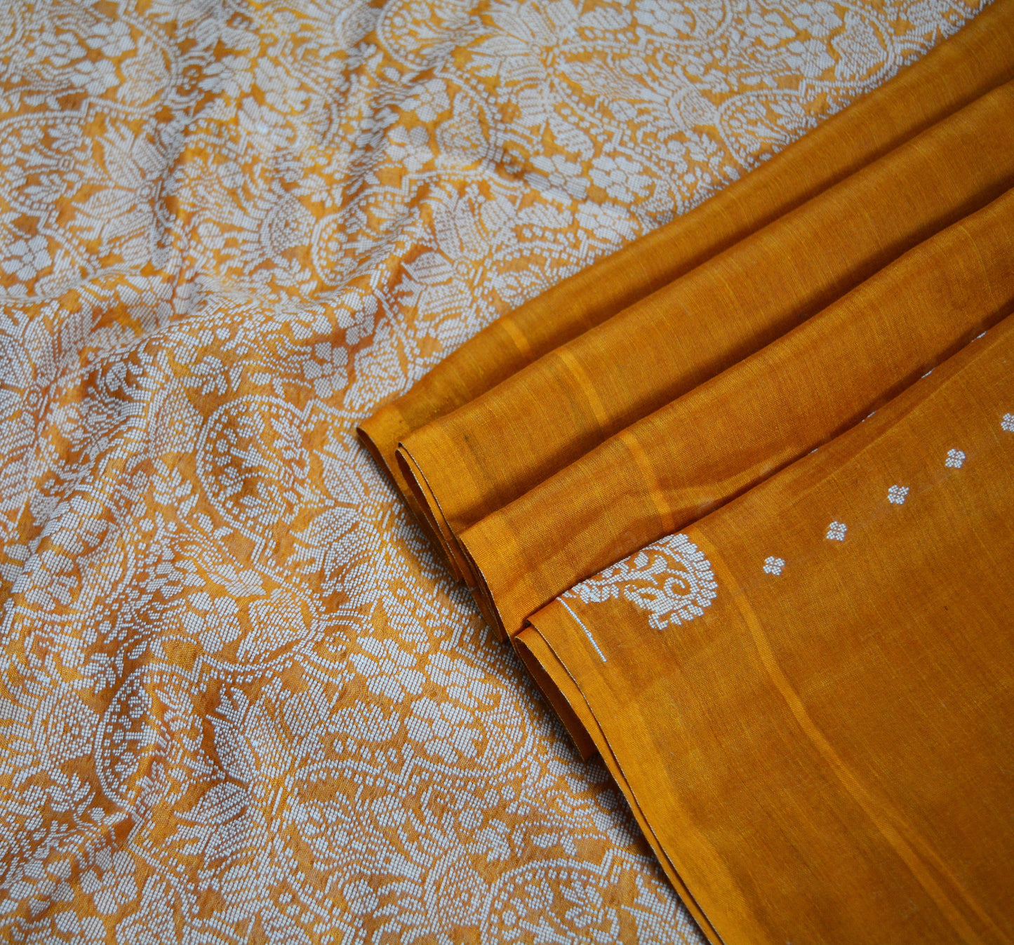 Indian Vintage Sari Saffron Artificial  Silk Hand Woven Saree Fabric 5yard Sewing Craft DressMaking  Soft Floral Ethnic