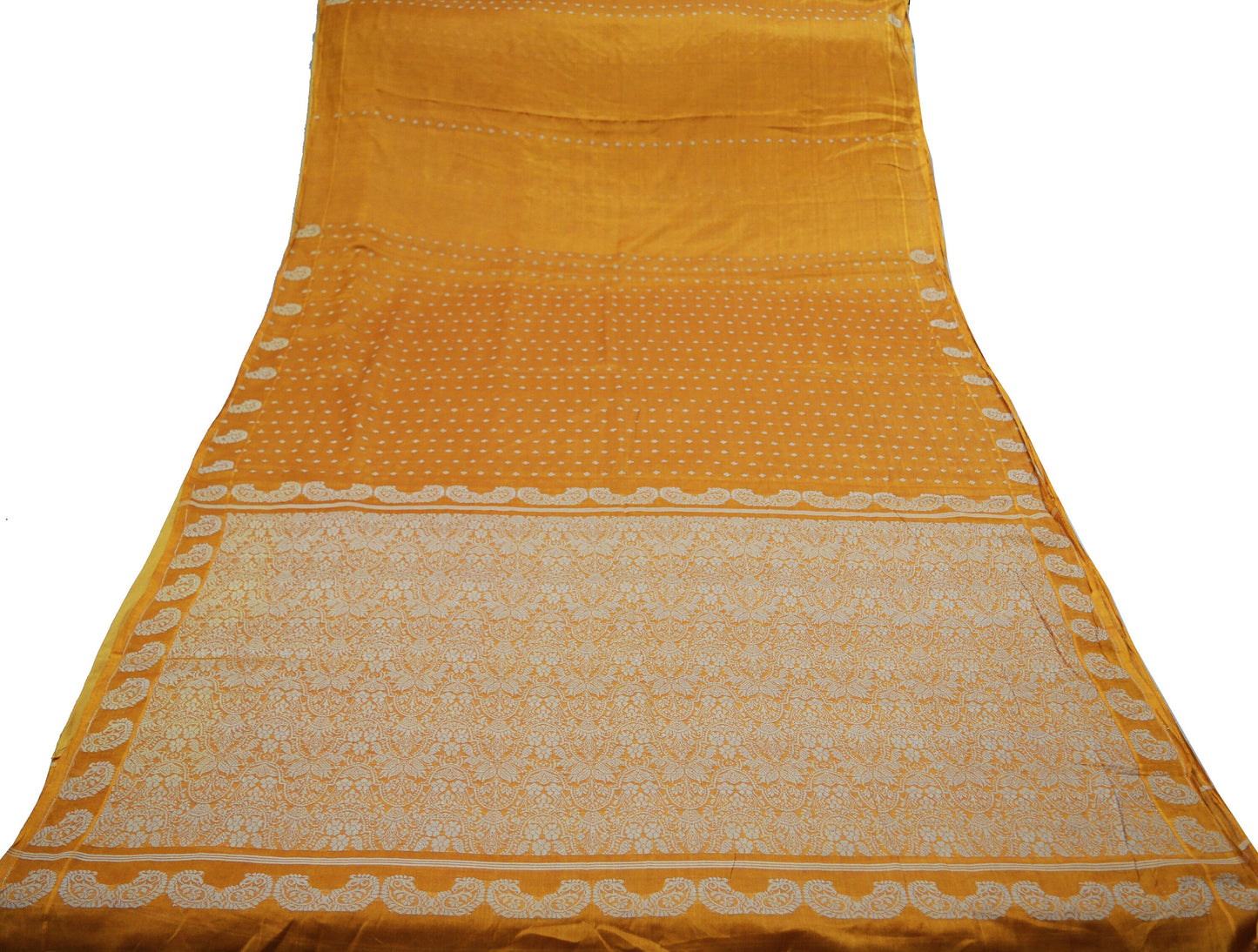 Indian Vintage Sari Saffron Artificial  Silk Hand Woven Saree Fabric 5yard Sewing Craft DressMaking  Soft Floral Ethnic