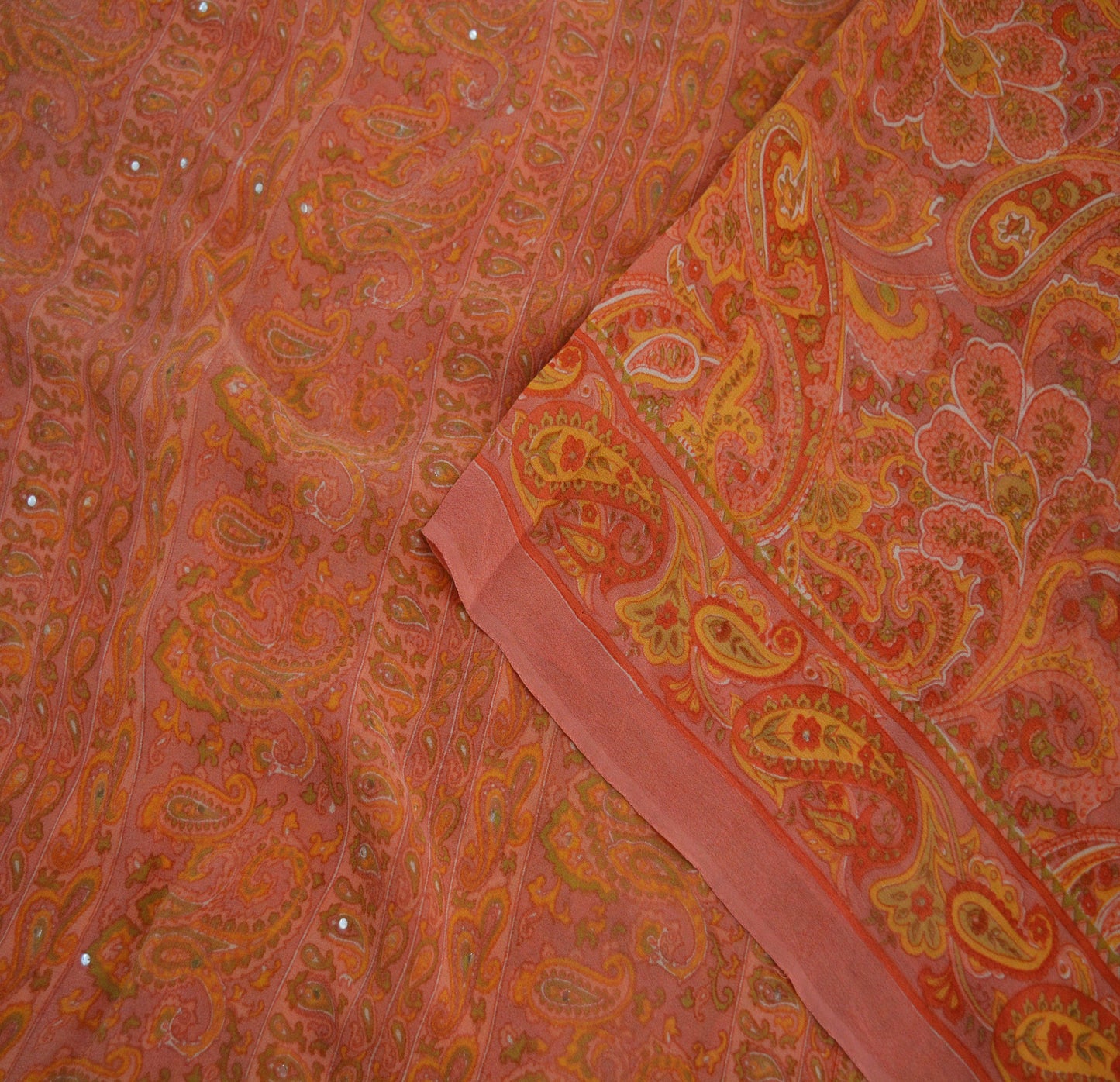 Indian Vintage Sari Peach Pure Georgette Silk Printed Saree Craft Fabric Sewing 5Yard Soft Light Dress Making Floral