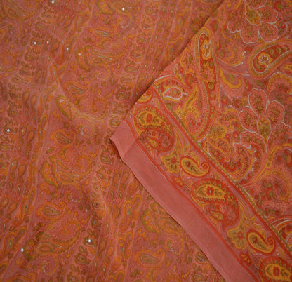 Indian Vintage Sari Peach Pure Georgette Silk Printed Saree Craft Fabric Sewing 5Yard Soft Light Dress Making Floral