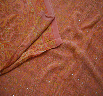 Indian Vintage Sari Peach Pure Georgette Silk Printed Saree Craft Fabric Sewing 5Yard Soft Light Dress Making Floral