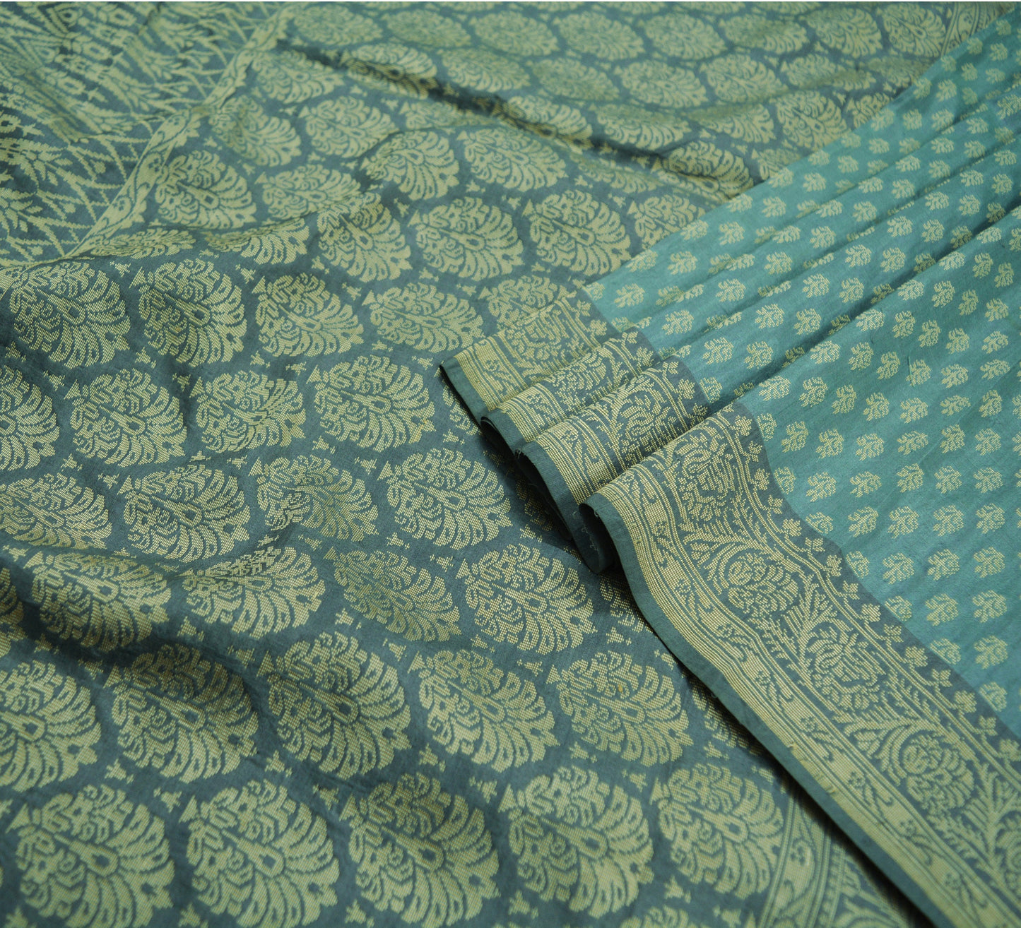 Indian Vintage Gray Heavy Saree Pure Silk Hand Woven Indian Sari 5yd Ethnic Fabric Craft Floral Sewing