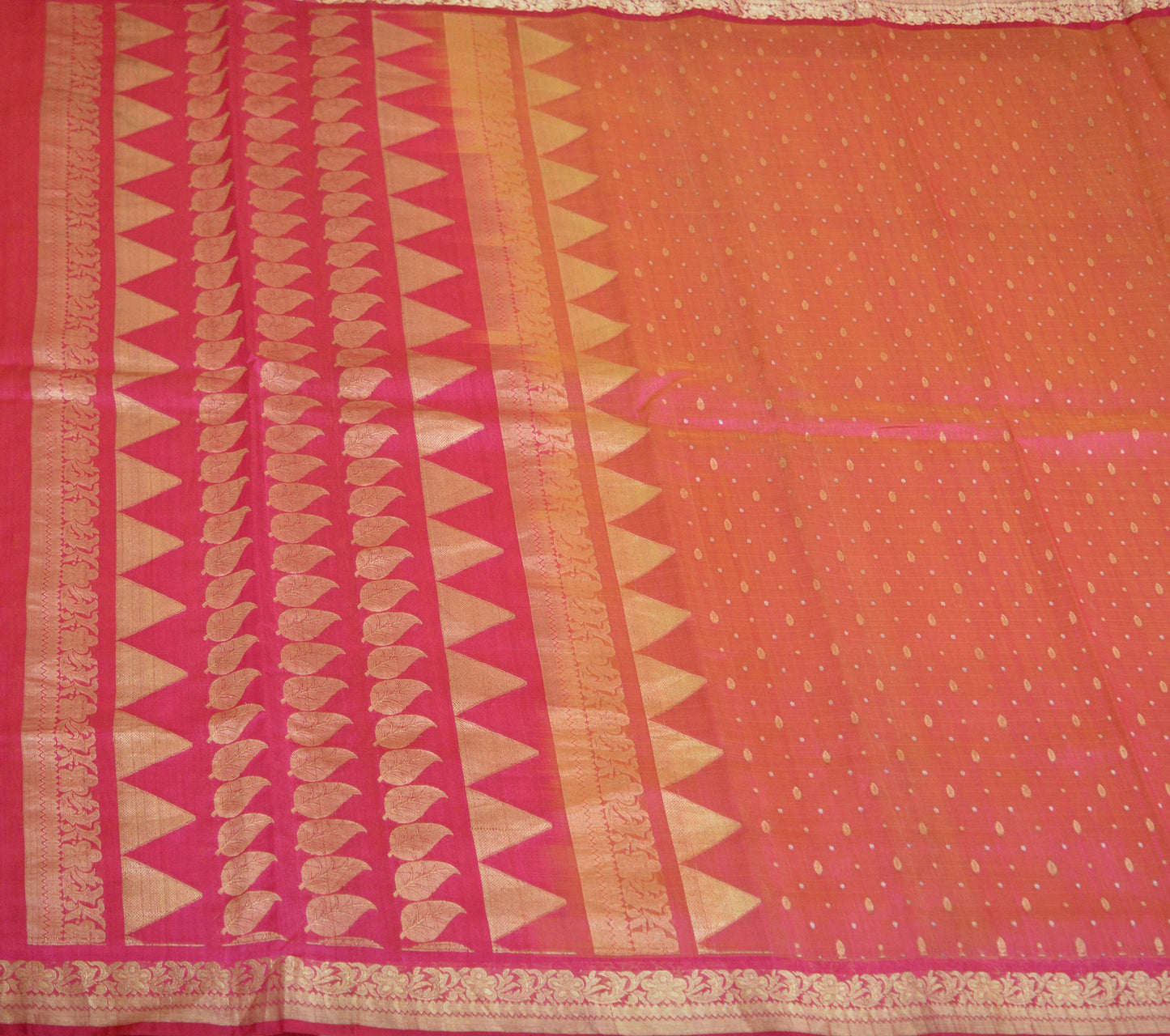 Vintage Pink & Peach Hand Woven Saree 100% Pure Silk Indian Sari Metallic Golden Zari 5Yard Floral Design