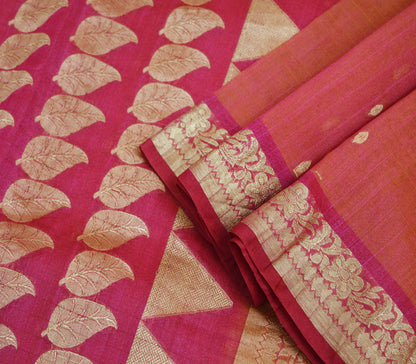 Vintage Pink & Peach Hand Woven Saree 100% Pure Silk Indian Sari Metallic Golden Zari 5Yard Floral Design