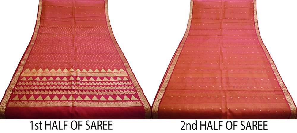 Vintage Pink & Peach Hand Woven Saree 100% Pure Silk Indian Sari Metallic Golden Zari 5Yard Floral Design