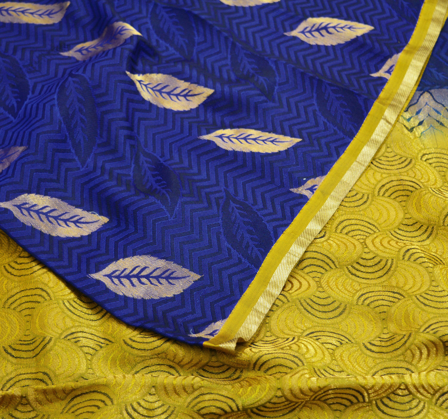 Indian Vintage Saree Saffron & Blue Hand Woven Pure Silk Indian Sari Fabric 5Yard Silk Sari Ethnic Floral Golden Zari Fringes