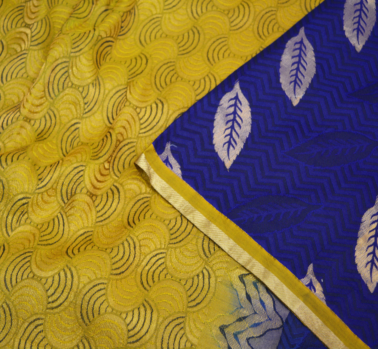 Indian Vintage Saree Saffron & Blue Hand Woven Pure Silk Indian Sari Fabric 5Yard Silk Sari Ethnic Floral Golden Zari Fringes