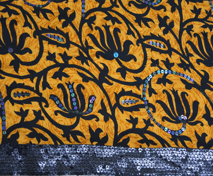 Indian Vintage Sari Saffron Pure Crepe Silk Hand Embroidered Saree 5yard Sewing Floral Craft Sequins