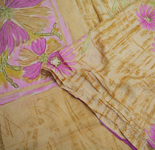 Vintage Sari Beige Pure Silk Printed Saree Fabric 5yard Sewing Soft Dress Designing for Crafting ,Decor Floral