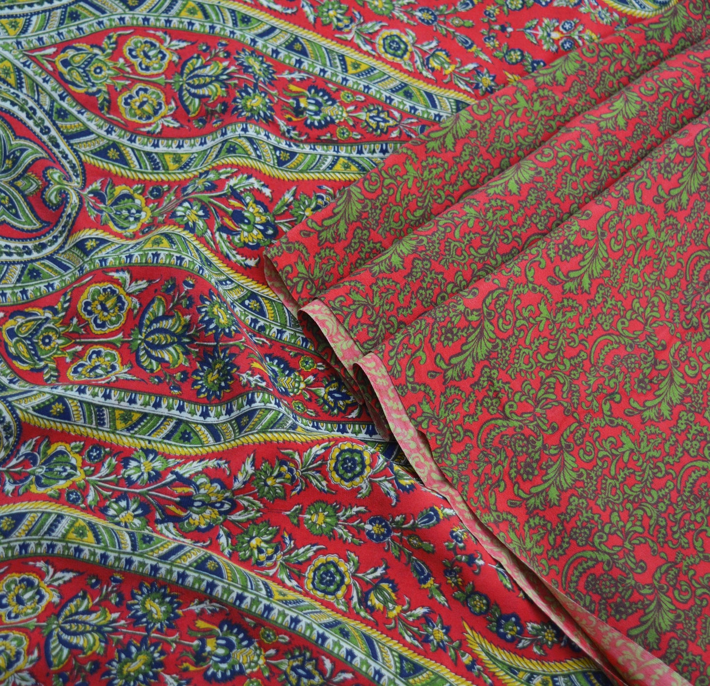 Indian Vintage Sari Red Pure Crepe Silk Printed Saree 5yard Sewing Floral Soft Craft Fabric Wrap