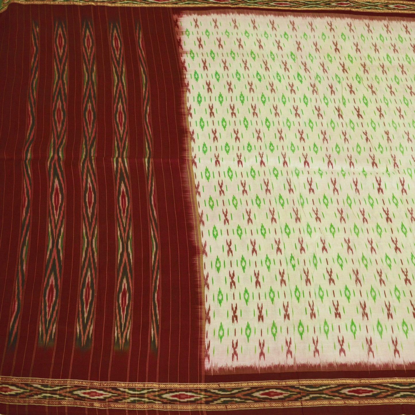 Vintage Cream & Maroon Pochampally Saree Pure Silk Hand Woven Ikat Patola Indian Sari Fabric 5Yard Craft Ethnic Zari Border