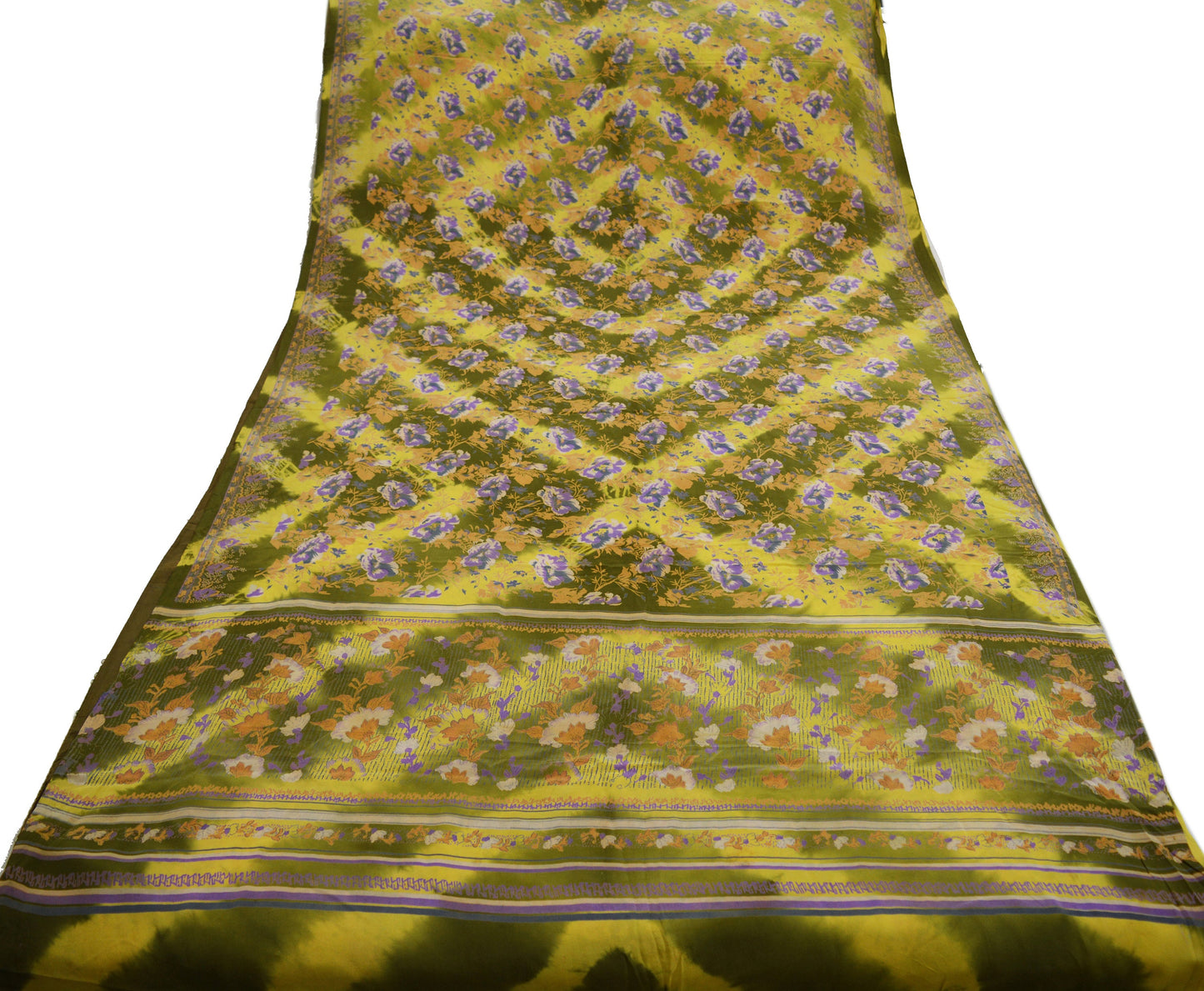 Indian Vintage Sari Green & Yellow Pure Crepe Silk Printed Saree 5yard Sewing Floral Soft Craft Fabric Wrap