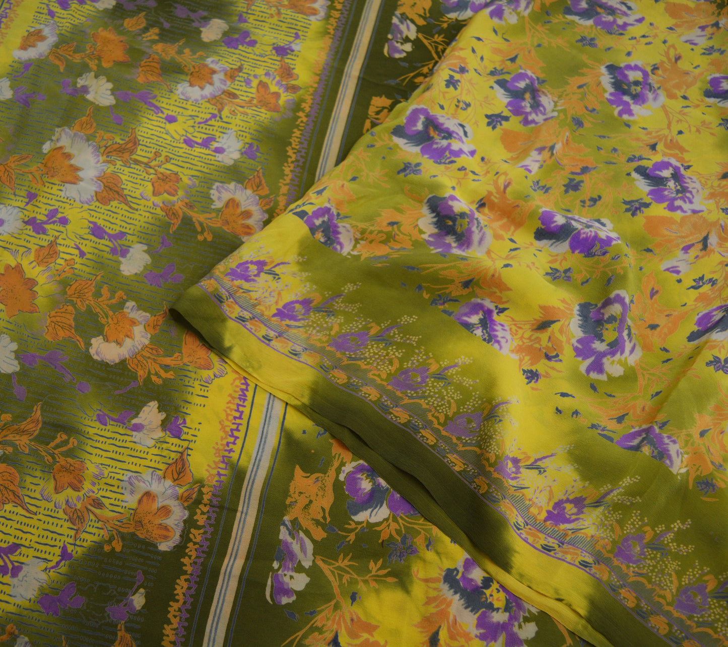 Indian Vintage Sari Green & Yellow Pure Crepe Silk Printed Saree 5yard Sewing Floral Soft Craft Fabric Wrap