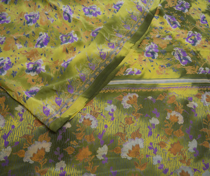 Indian Vintage Sari Green & Yellow Pure Crepe Silk Printed Saree 5yard Sewing Floral Soft Craft Fabric Wrap