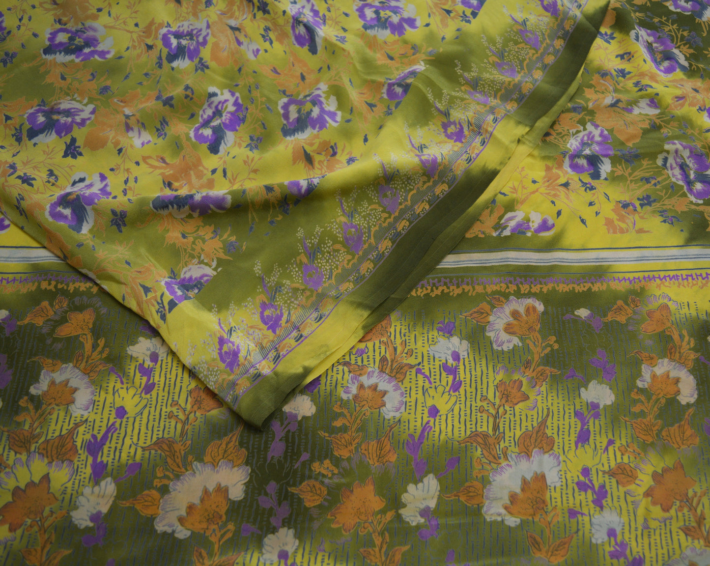 Indian Vintage Sari Green & Yellow Pure Crepe Silk Printed Saree 5yard Sewing Floral Soft Craft Fabric Wrap