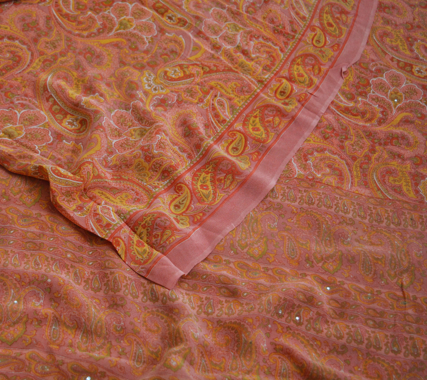 Indian Vintage Sari Peach Pure Georgette Silk Printed Saree Craft Fabric Sewing 5Yard Soft Light Dress Making Floral