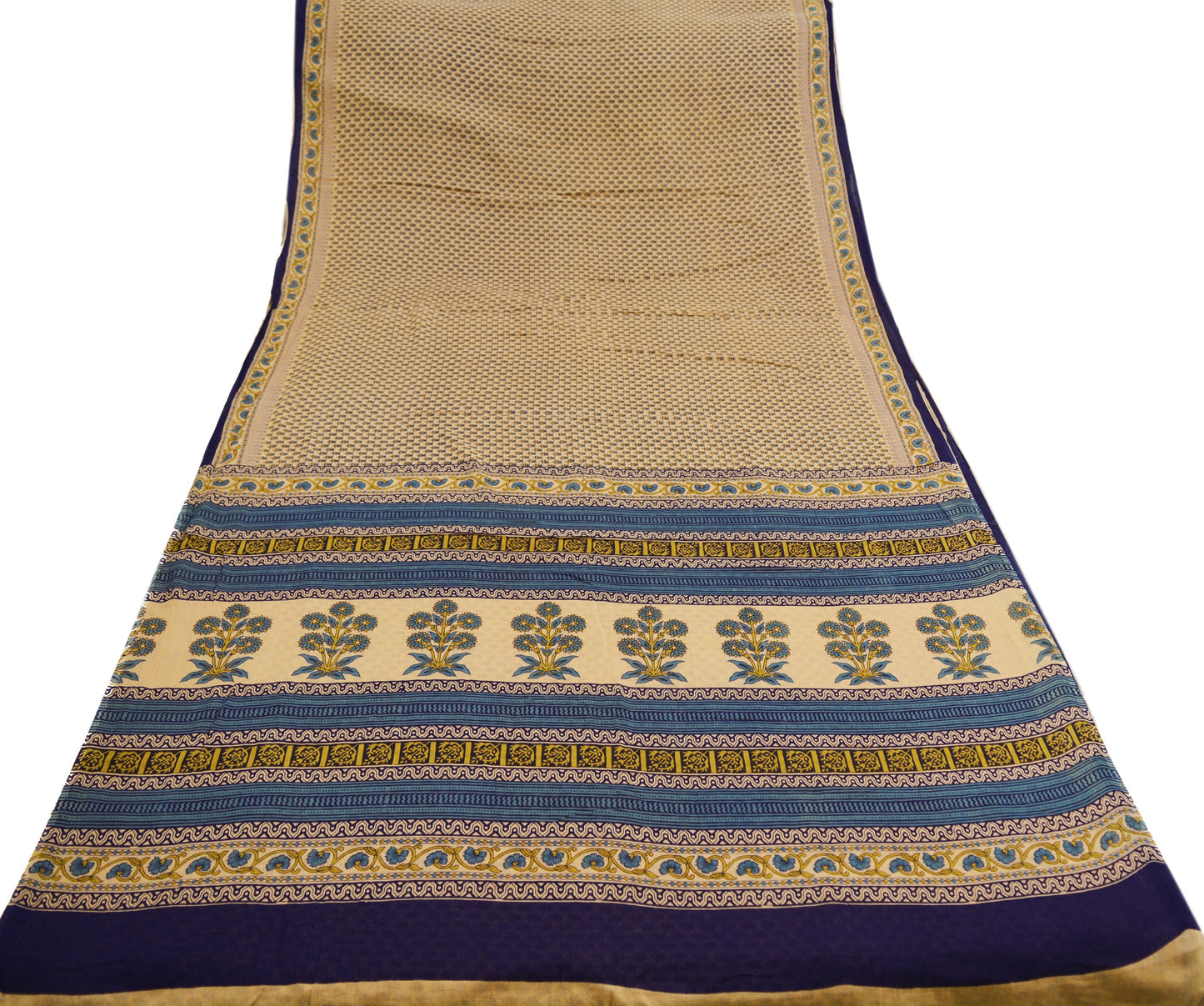 Indian Vintage Sari Blue & Beige Printed 100% Pure Cotton Saree Craft Soft Fabric 5Yard Sewing Sarong Wrap Floral