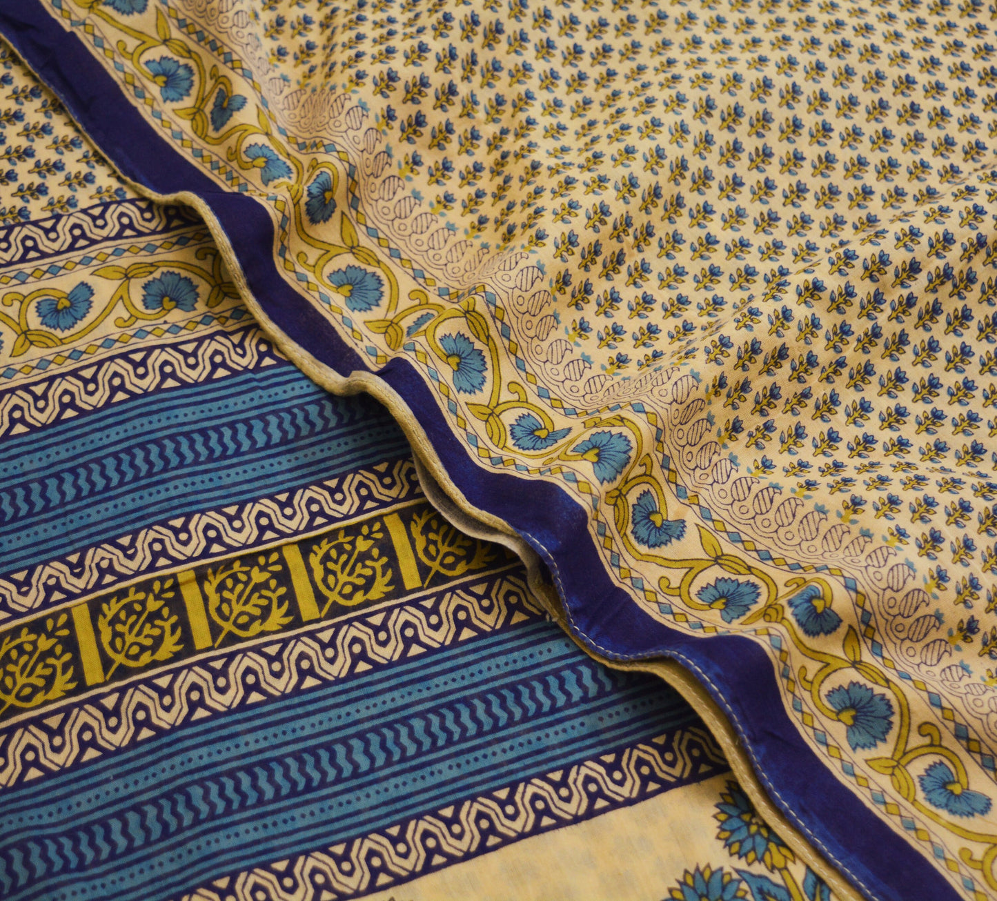 Indian Vintage Sari Blue & Beige Printed 100% Pure Cotton Saree Craft Soft Fabric 5Yard Sewing Sarong Wrap Floral